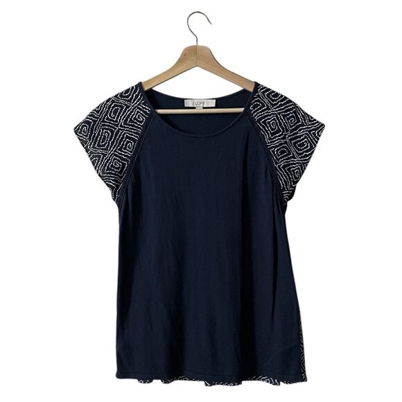 LOFT Blouse Size Small Navy Blue Mixed Media Print Silk Blend Skirted Hem 70288 - Picture 1 of 9